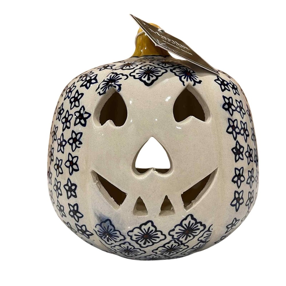 Martha Stewart‎ Jack O Lantern Candle Holder Blue White Ceramic Fall Decor